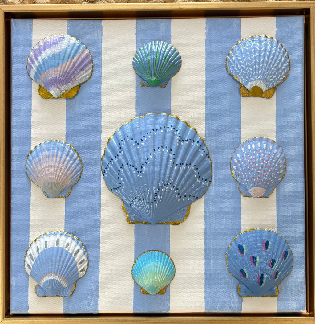 Hand-painted periwinkle, white and gold shells mounted on a whimsical periwinkle and white stripe .
