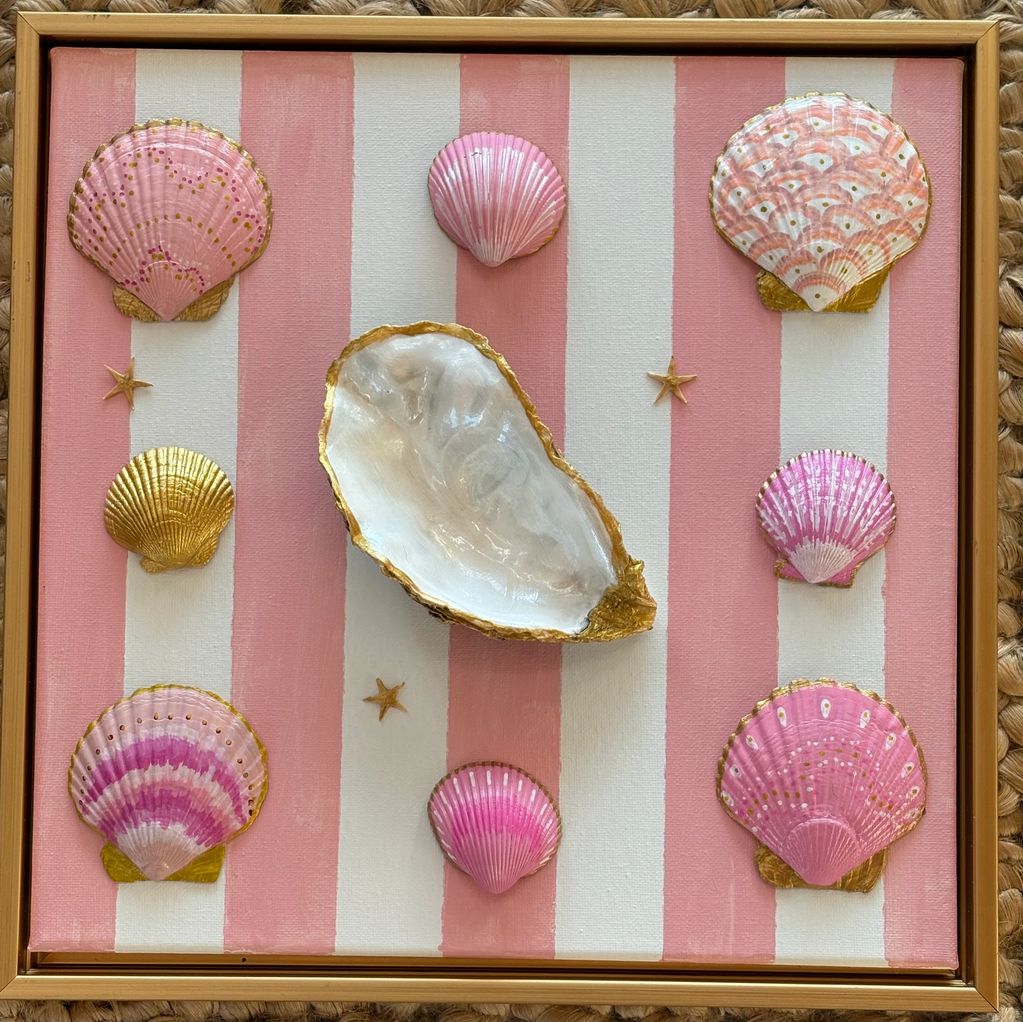 Hand-painted pink, white and gold shells mounted on pink and white striped hand-painted canvas