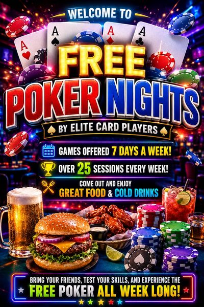 Free poker nights with food, drinks, and prizes every week.