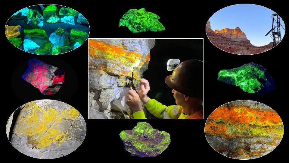 Miner examining radioactive ore glowing in dark mine.
