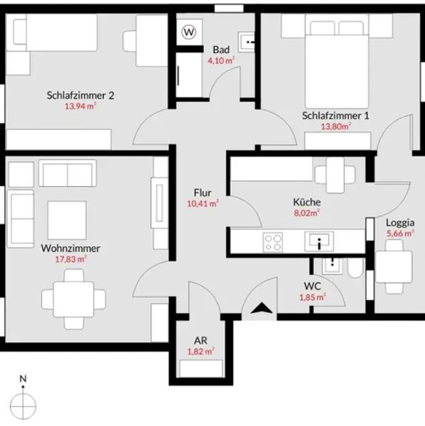 Grundriss einer Wohnung mit zwei Schlafzimmern, Wohnzimmer, Küche und Balkon.