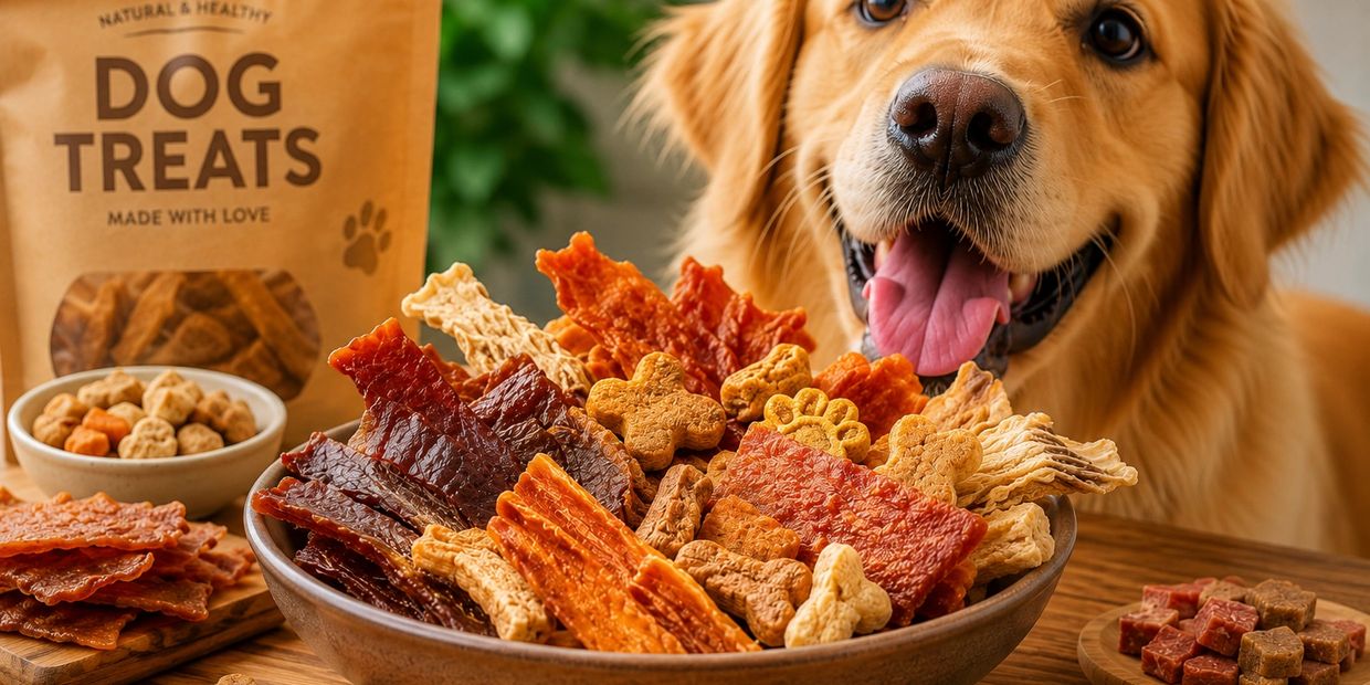 Golden retriever excitedly looks at a bowl of assorted dog treats.