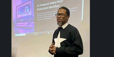 Man presenting AI-powered video post-production workflow.