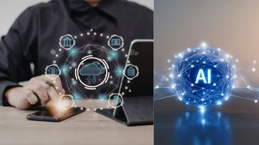 Digital representations of AI and cloud computing concepts.