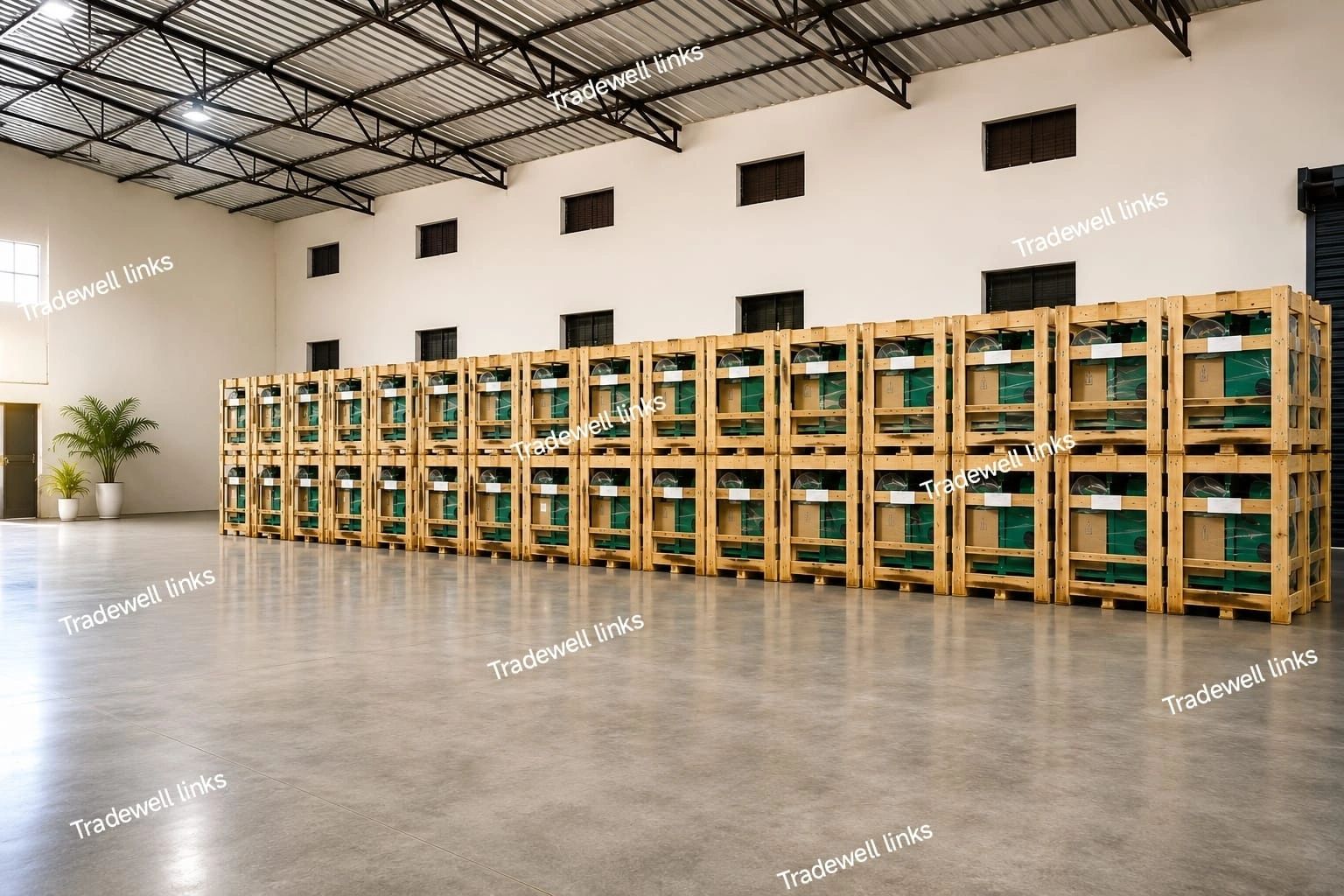 Rows of large wooden crates stacked neatly inside a spacious warehouse.