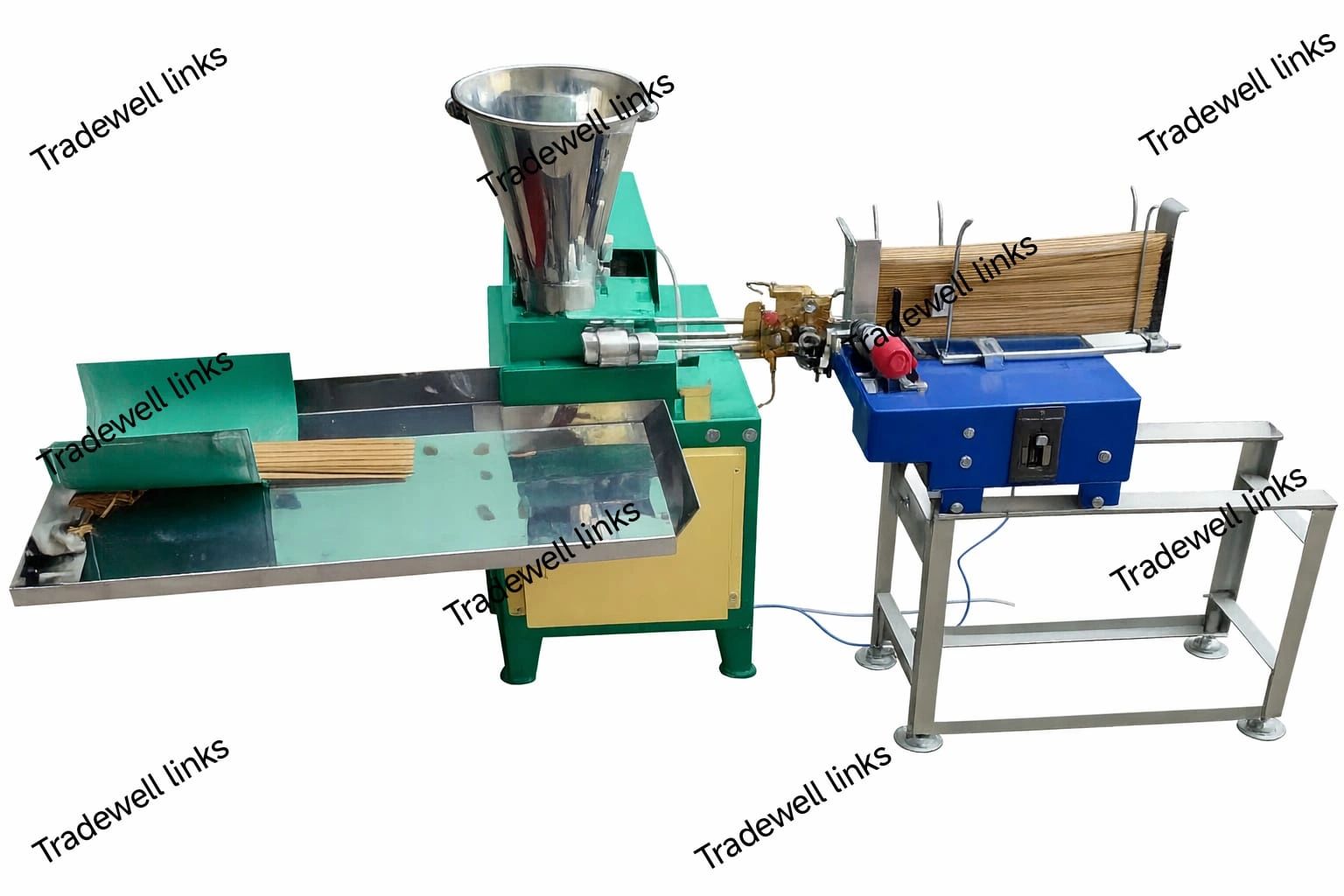 Industrial machine for producing and bundling wooden sticks.