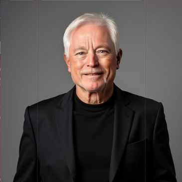 Smiling elderly man in black suit.