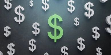 Green dollar sign stands out among white dollar signs.