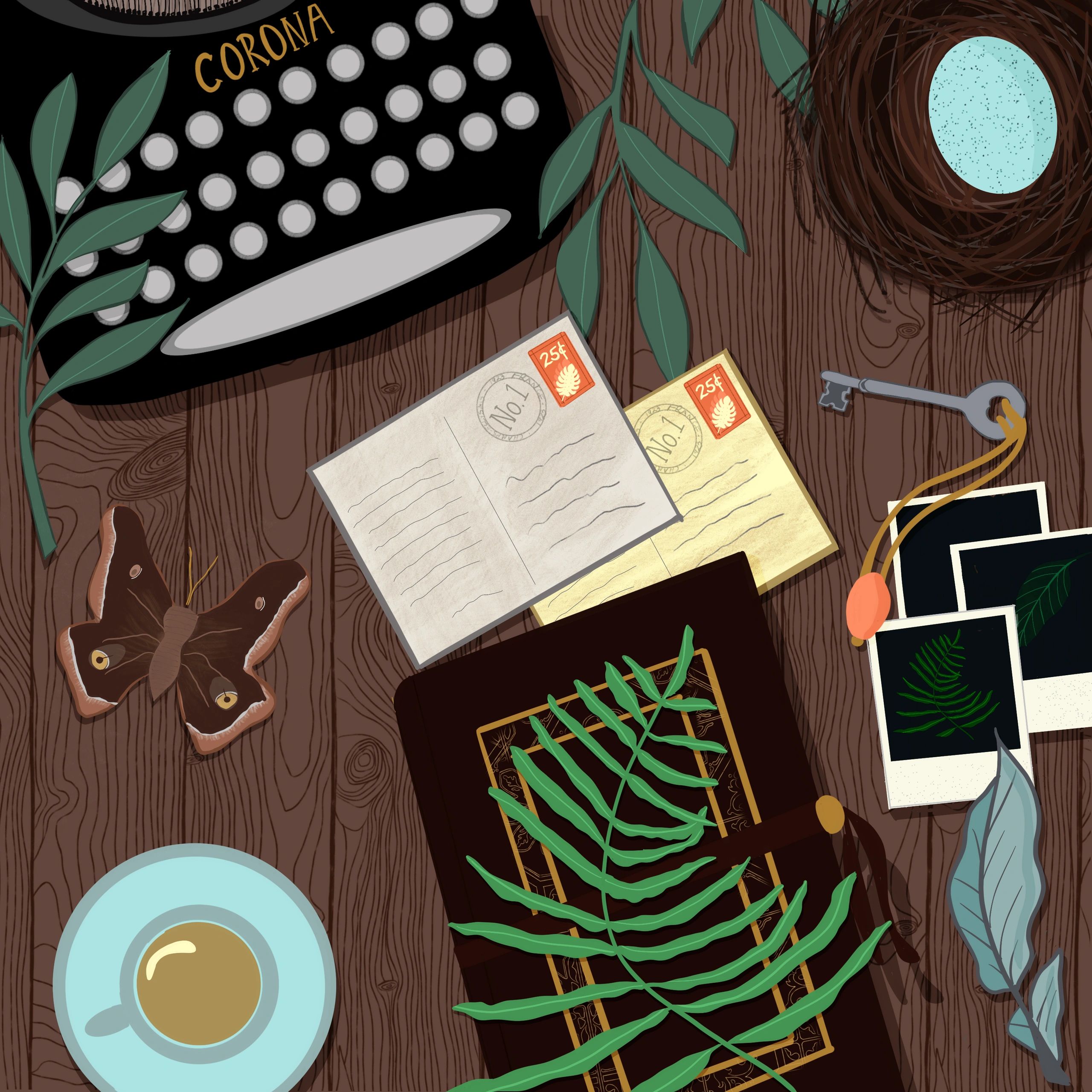 Illustration by Wyoming Wild and Free. Typewriter, journal, tea and botanicals.