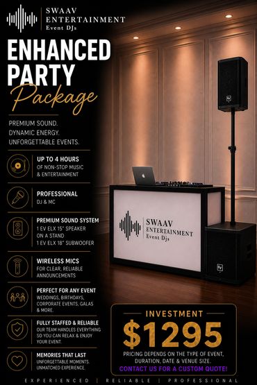 Promotional flyer for Swaav Entertainment's Enhanced Party Package with premium sound and professional DJ services.