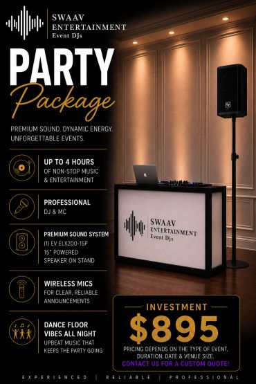 Professional DJ party package offering premium sound and wireless mics for $895.