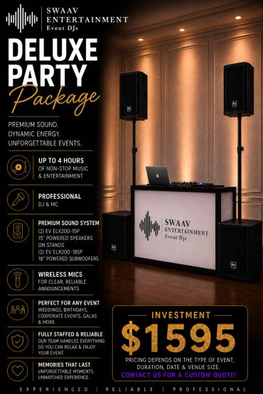 Deluxe Party Package by SWAAV Entertainment featuring premium sound and professional DJs for unforgettable events.