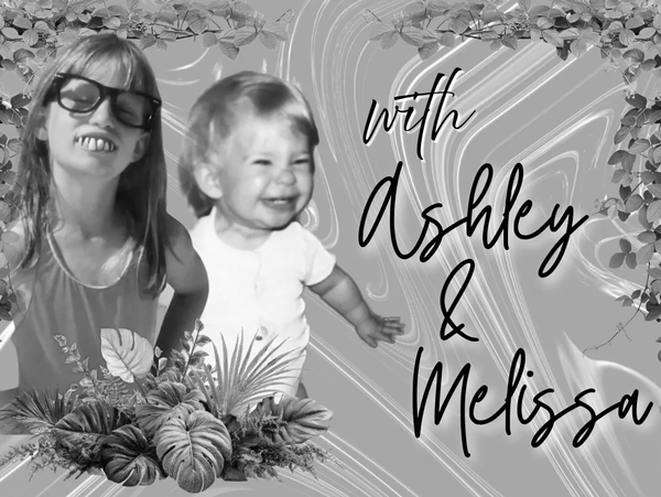 Black and white childhood photo collage with floral border and text.