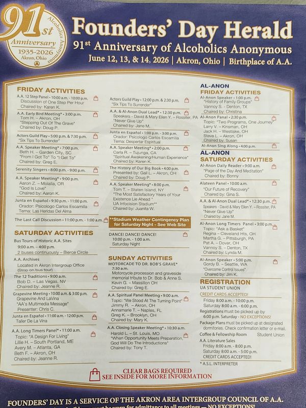 Schedule for the 91st Anniversary of Alcoholics Anonymous in Akron, Ohio, June 12-14, 2026.