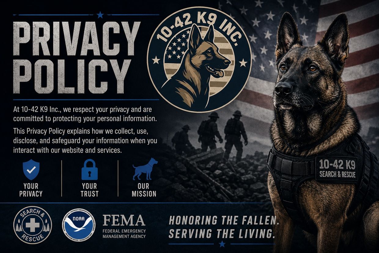 K9 search and rescue team's privacy policy with a German Shepherd and American flag.