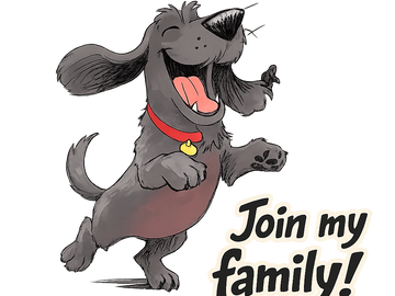 A joyful gray dog with a red collar saying 'Join my family!'