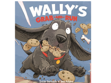 A dog named Wally joyfully grabs cookies while running.