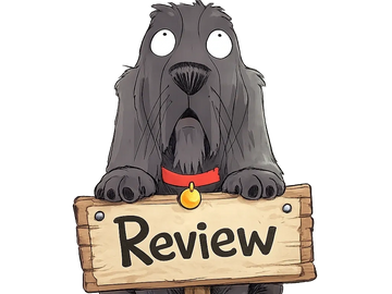 A cartoon black dog holding a wooden sign that says 'Review'.