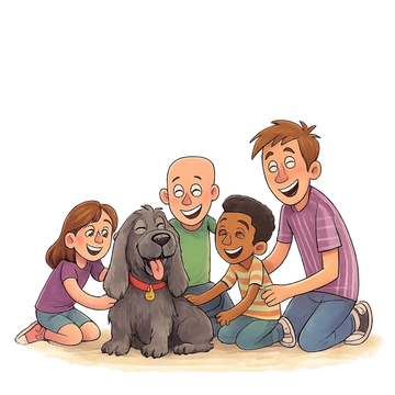 Children happily playing with a large, friendly dog.