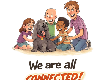 Group of happy kids with a big dog, caption reads: We are all connected!