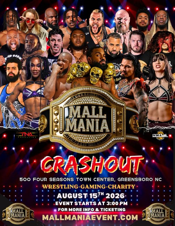 Wrestling gaming charity event Mall Mania Crashout in Greensboro NC, August 15, 2026.