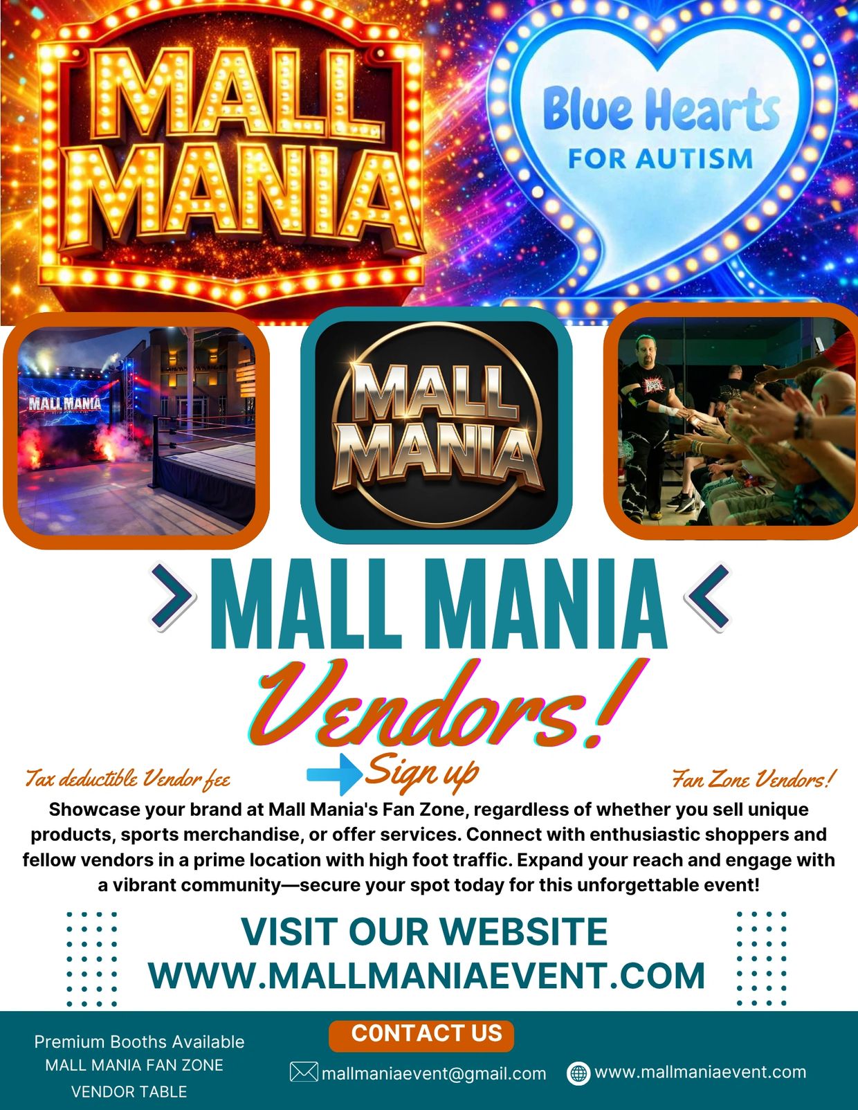 Mall Mania vendor sign-up flyer for a fan zone event.