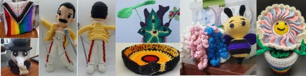 Various crochet items, including a korok, plague doctor, Freddy Mercury, and trans plant.