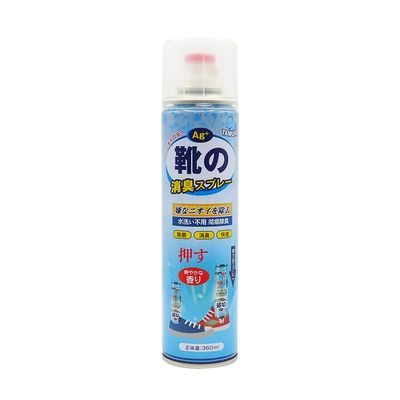 Blue aerosol spray can for shoe deodorizing with Japanese text.
