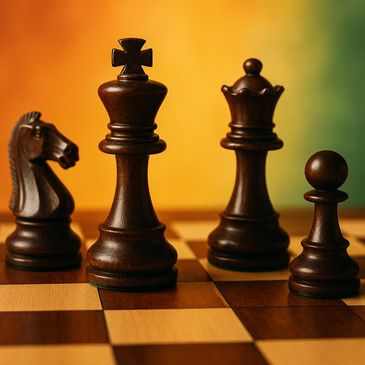 Dark chess pieces on a wooden board with a warm gradient background.