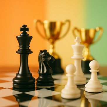 Black and white chess pieces with blurred trophies in the background.