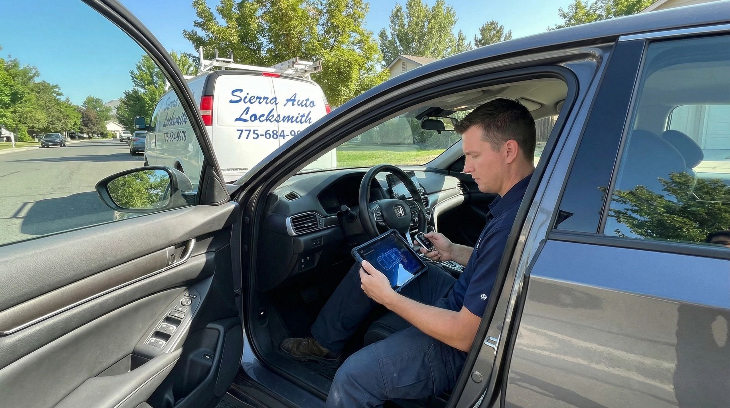 Sierra Auto Locksmith service technician programming a key fob in Dayton, NV