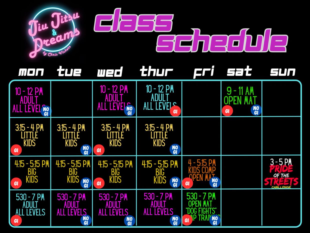 Jiu Jitsu &amp; Dreams Weekly Class Schedule with various age groups and session types.
