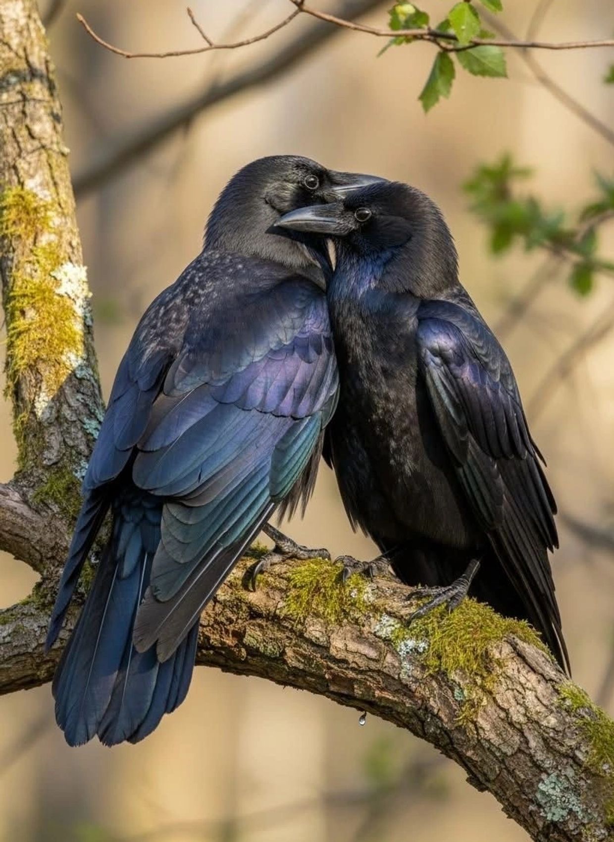 Two ravens perched closely on a mossy branch, showing affection.