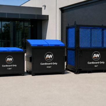 Three black bins labeled for cardboard recycling outside a modern building.