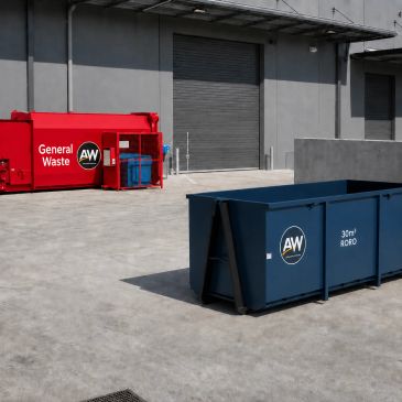 Red and blue industrial waste bins outside a warehouse.