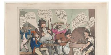 Cartoonish dinner scene with talking men and a baker.