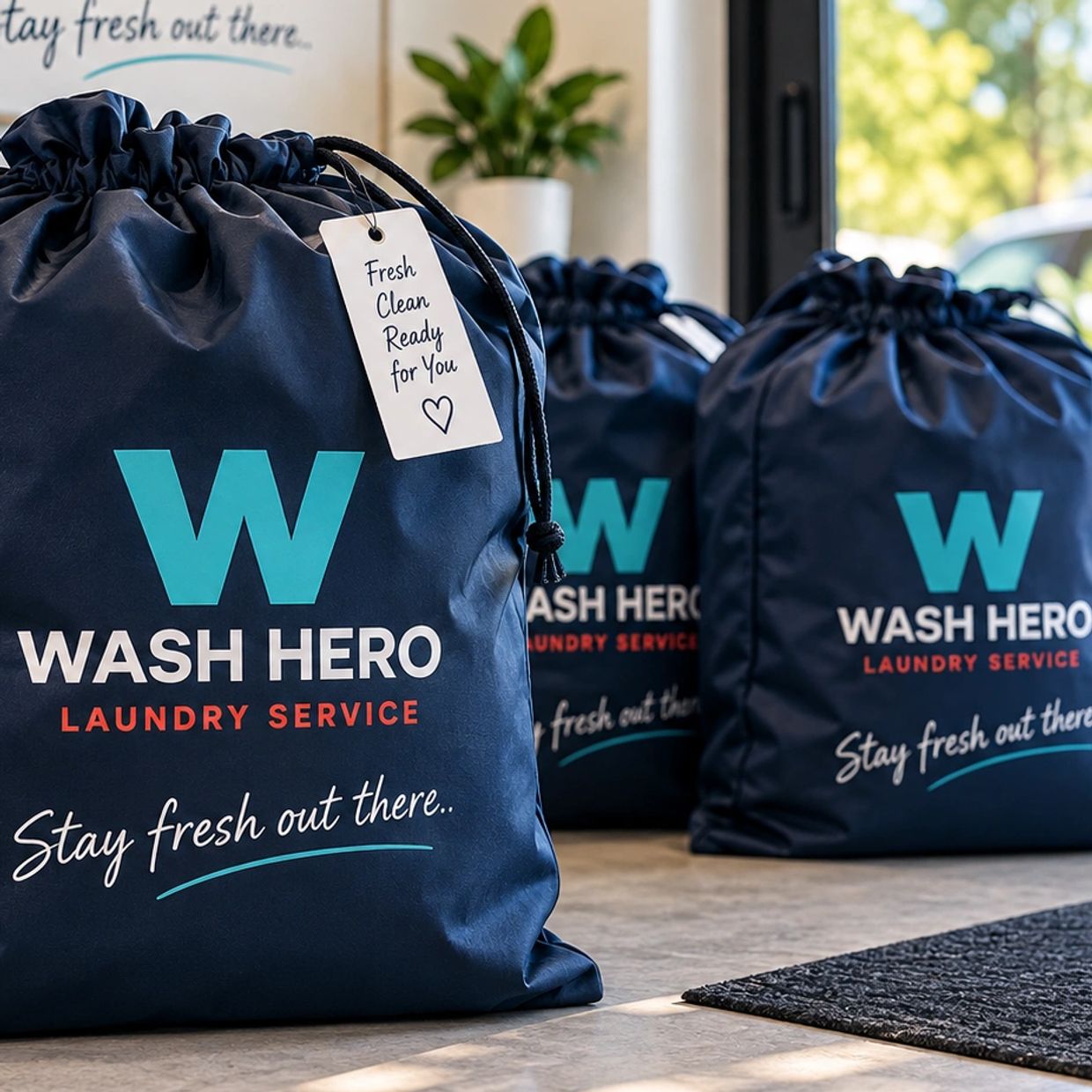 Laundry bags from Wash Hero with motivational tag.