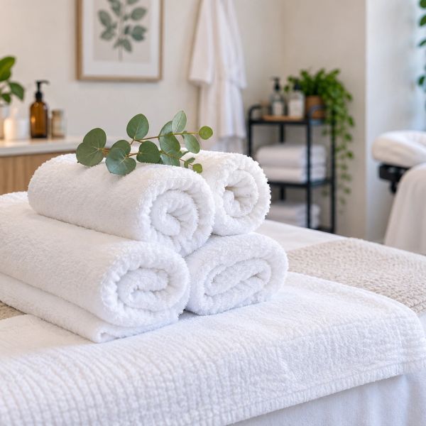 Rolled white towels with greenery in a spa setting.