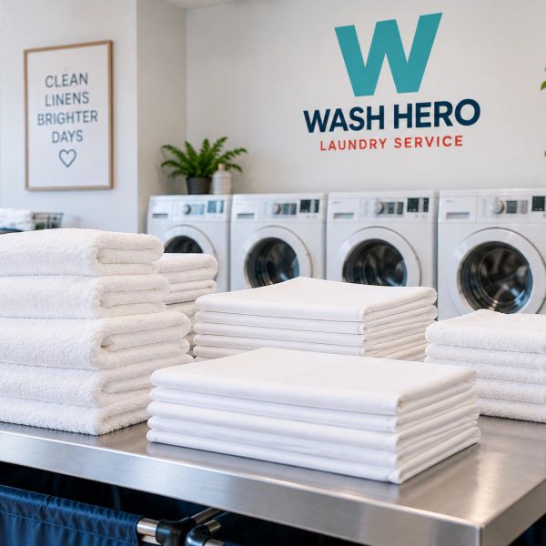 Stacks of clean white towels and linens in a laundry service with washing machines.