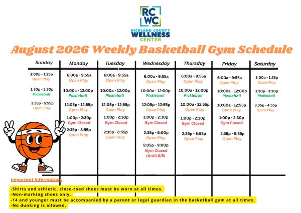 August 2026 weekly basketball gym schedule for Richland County Wellness Center.