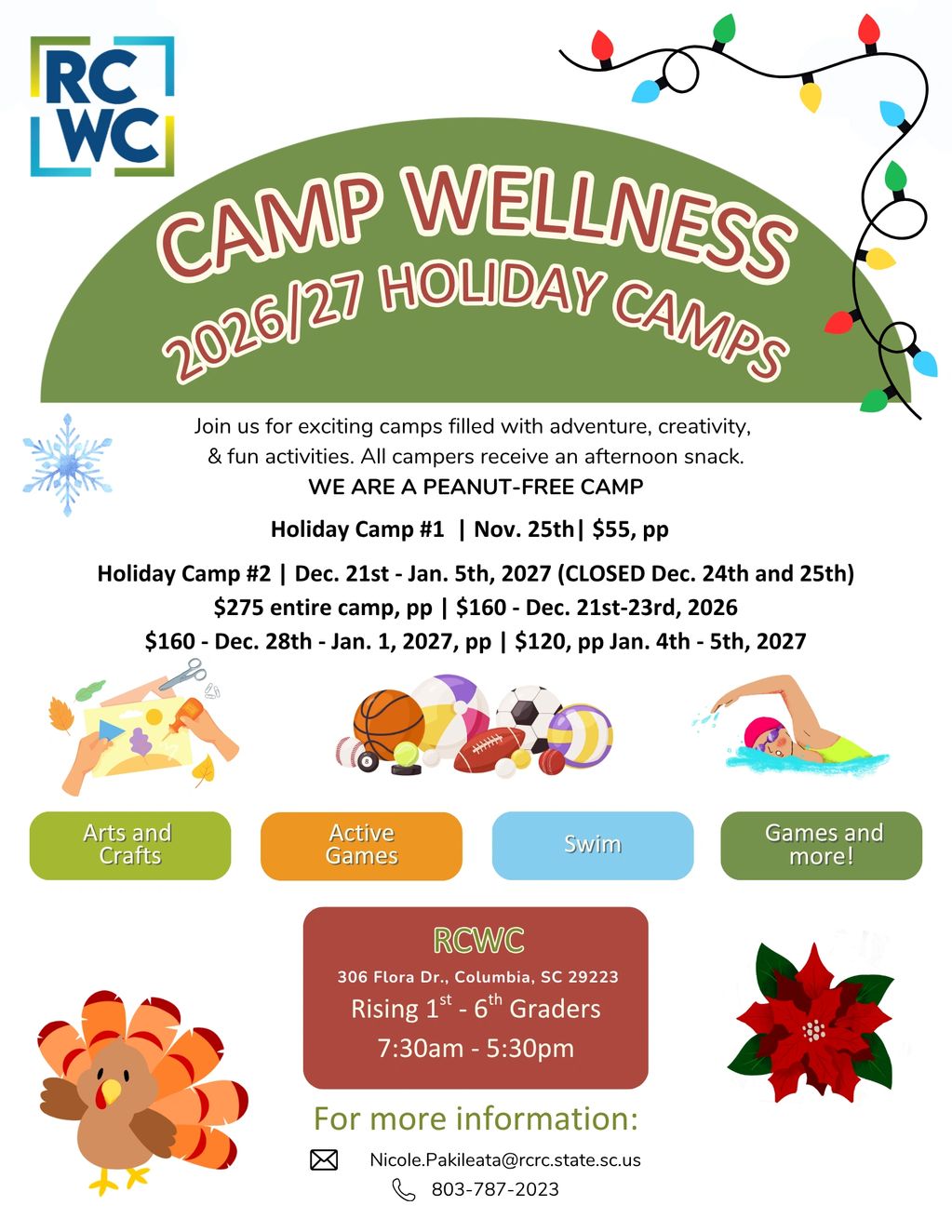 Flyer for RCWC Camp Wellness 2026/27 holiday camps for 1st to 6th graders.
