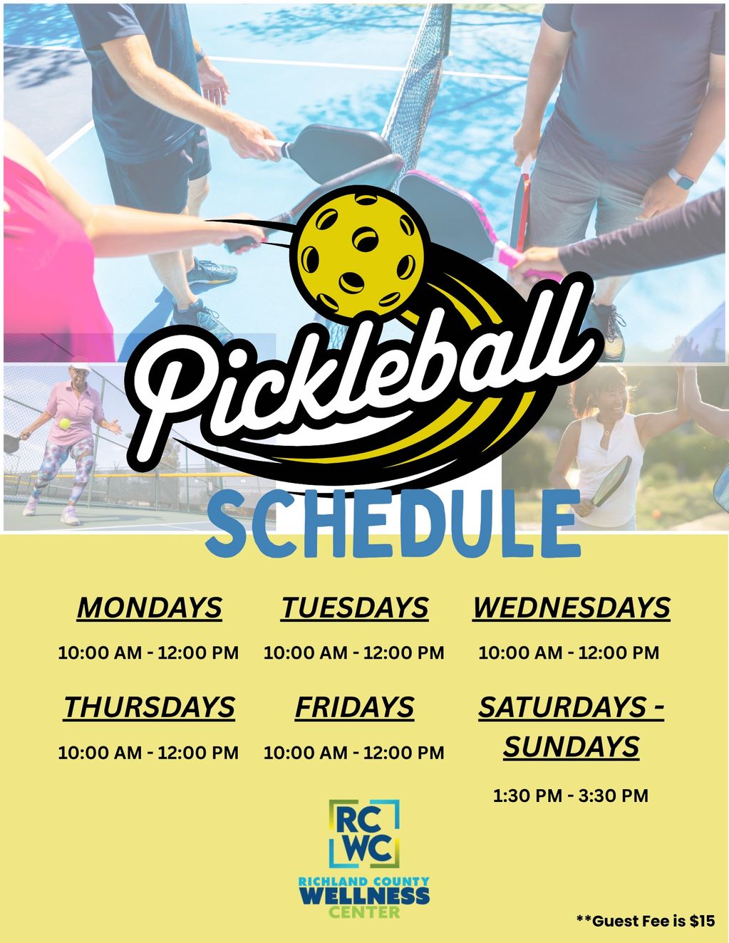 Pickleball schedule with daily sessions and a guest fee.