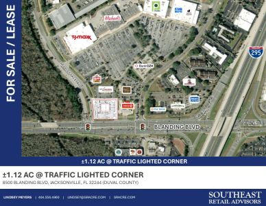 Aerial view of a retail area for sale at a traffic lighted corner in Jacksonville, FL.
