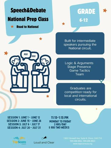Speech and debate national prep class for grades 6-12 with sessions and skills training.