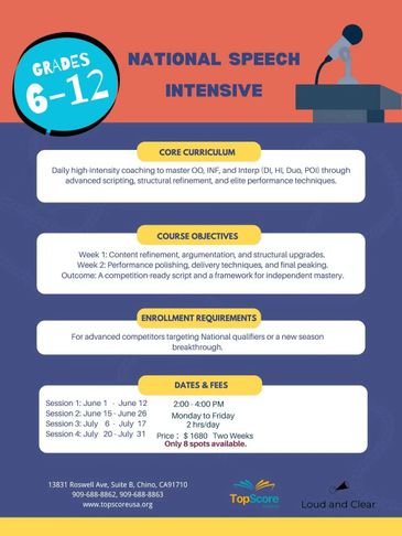 National Speech Intensive course for grades 6-12 with coaching and competition prep.