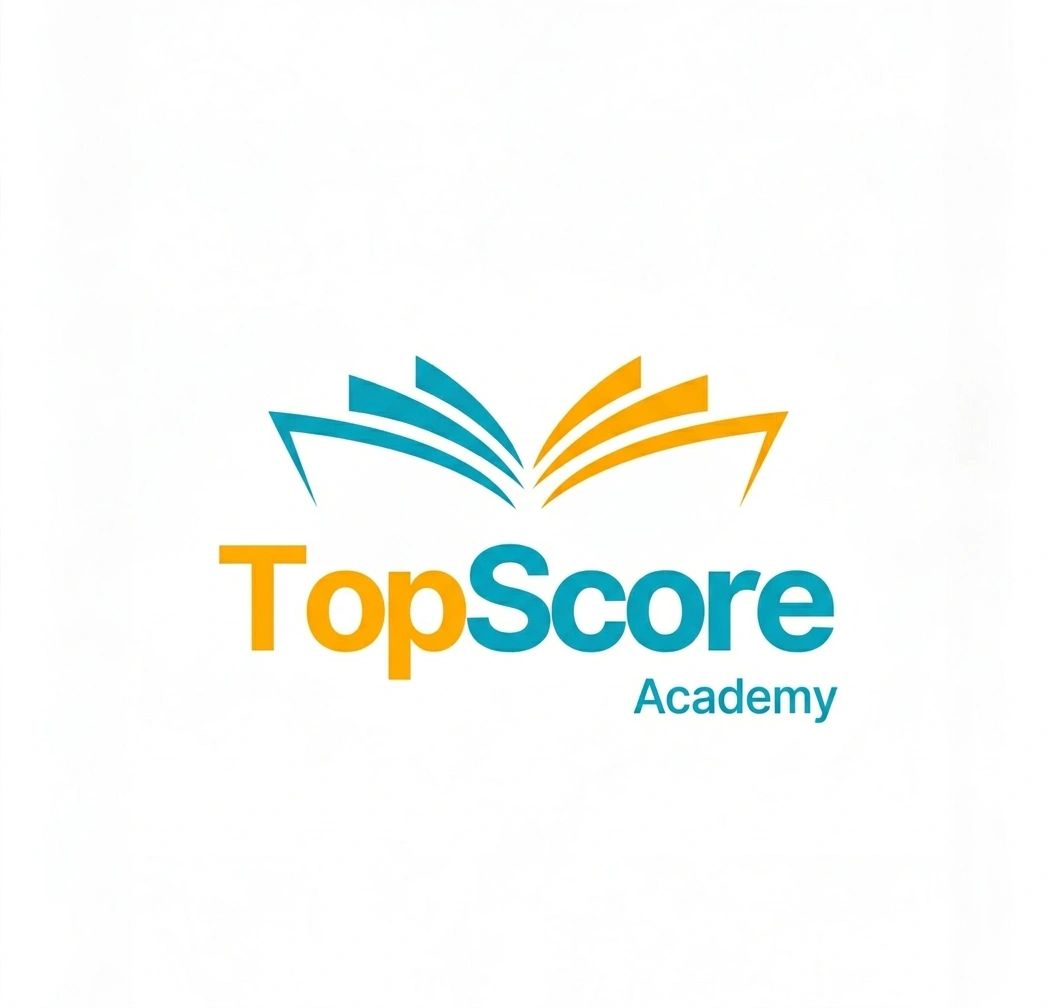 Logo of TopScore Academy with an open book design.