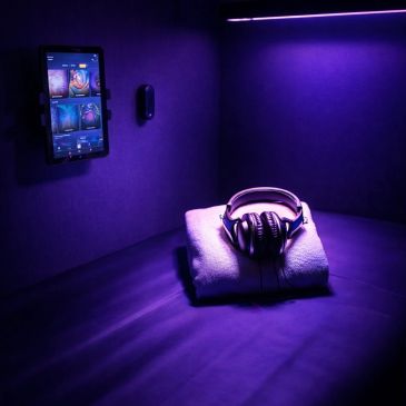 Headphones resting on a towel in a dim purple-lit room.