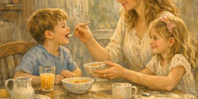 A mother feeds her son while her daughter watches at a cozy breakfast table.