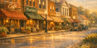 Charming small town street with café, pharmacy, and vintage cars at dusk.