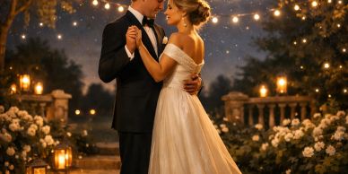 A couple shares a romantic dance under glowing string lights and a full moon.